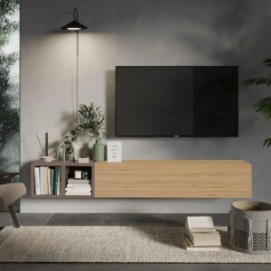 Vista ambientata Mobile porta tv sospeso con pensile a ribalta rovere cadiz e coppia di cubi bronzo modello Modula Totò Piccinni