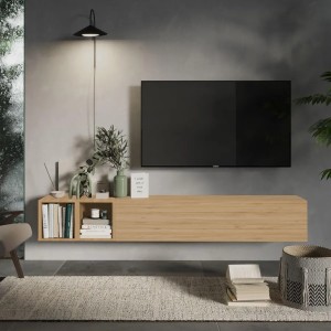 Vista ambientata Mobile porta tv sospeso con pensile a ribalta rovere cadiz e coppia di cubi rovere cadiz modello Modula Totò Piccinni