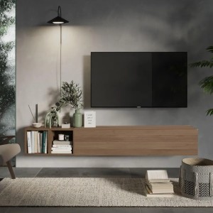Vista ambientata Mobile porta tv sospeso con pensile a ribalta rovere mercure e coppia di cubi rovere mercure modello Modula Totò Piccinni