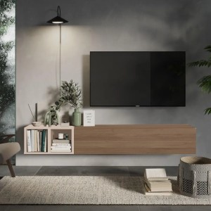 Vista ambientata Mobile porta tv sospeso con pensile a ribalta rovere mercure e coppia di cubi cashmere modello Modula Totò Piccinni