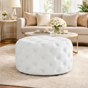 Vista ambientata Pouf Trapuntato Ecopelle Panna design vintage modello Chester Totò Piccinni