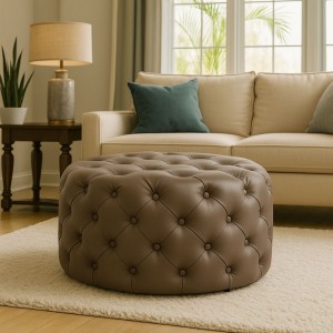 Vista ambientata Pouf Trapuntato Ecopelle Marrone design vintage modello Chester Totò Piccinni