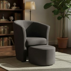 vista ambientata con pouf fuori Poltrona a pozzetto in Ecopelle colore Dark Grey modello Rita Totò Piccinni