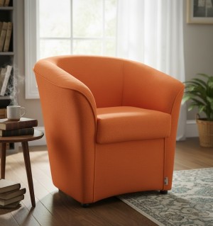 Vista ambientata poltrona design moderno a pozzetto in tessuto arancione