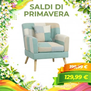 Poltrona KETTY in Tessuto poltroncina imbottita con Braccioli e Piedi in Legno (Patchwork Sky)