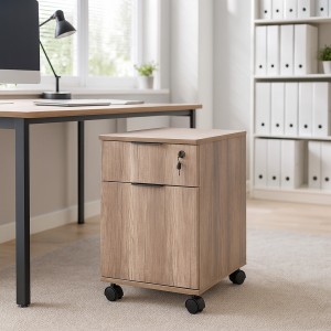 Vista ambientata Cassettiera ufficio in legno colore Rovere per scrivania con rotelle e serrature Totò Piccinni