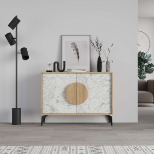 Vista frontale Madia credenza 2 ante e 1 ripiano interno colore "Naturale/Carrara" modello Circle Totò Piccinni