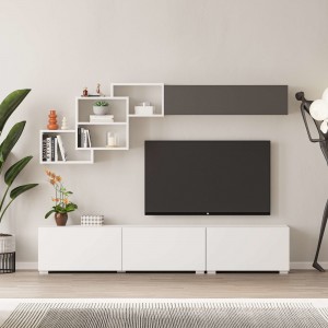 Vista frontale ambientato Parete TV in Legno con 4 ante e 4 vani colore Bianco/Antracite modello Quadra Totò Piccinni