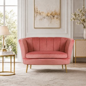 Vista ambientata Divano in Velluto imbottito colore Rosa con gambe in metallo modello Kean Totò Piccinni