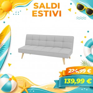 Divano Letto SANDWICH Imbottito Sistema Clic-Clac e Gambe in Legno (Tessuto Grigio Chiaro)