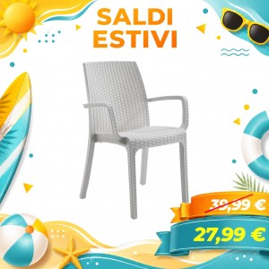 Sedia da esterno INDIANA, con Braccioli, in Resina Simil Rattan, Impilabile (Bianco)