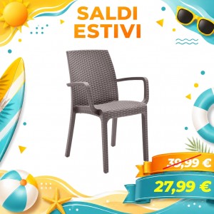Sedia da giardino INDIANA, con Braccioli, in Resina Simil Rattan, Impilabile (Tortora)