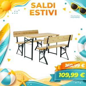 Set Birreria con Tavolo e 2 Panche con Schienale richiudibile in Legno