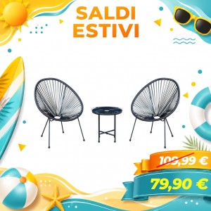 Set Pavone 2 Poltrone e Tavolino Con Corde Intrecciato (Nero)