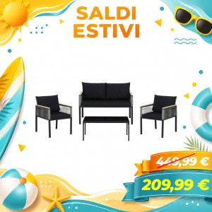 Set da giardino in alluminio e corda con cuscini - MYKONOS (Nero Piano in Vetro)