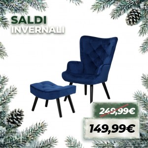 Poltrona con Sgabello SET SIESTA di Design Gambe nere in Legno di Faggio (Velluto Blu)