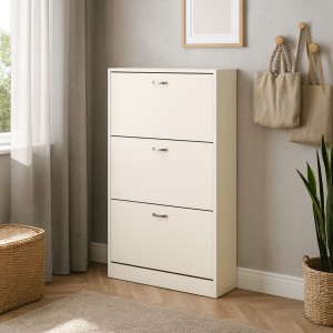 Vista ambientata Scarpiera Salvaspazio in legno colore Bianco Caldo 3 ante con doppio scompartimento Totò Piccinni