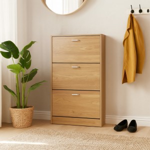 Vista ambientata Scarpiera Salvaspazio in legno colore Frassino 3 ante con doppio scompartimento Totò Piccinni