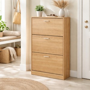 Vista ambientata Scarpiera Salvaspazio in legno colore Rovere 3 ante con doppio scompartimento Totò Piccinni