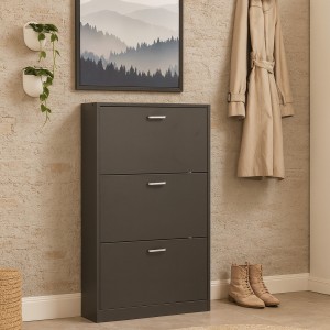 Vista ambientata Scarpiera in legno colore Grigio Sabbia con 3 ante a ribalta modello Slim Totò Piccinni