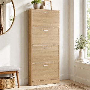 Vista ambientata Scarpiera in legno colore Rovere con 4 ante a ribalta modello Slim Totò Piccinni