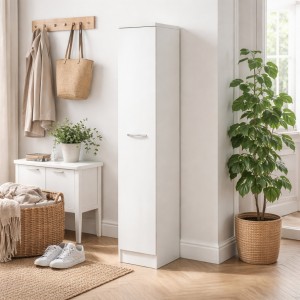 Vista ambientata Scarpiera in legno con 1 anta con ripiani colore "bianco frassino" modello Gabriella Totò Piccinni