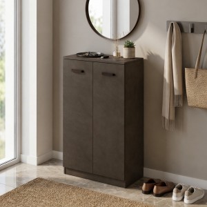 Vista ambientata Scarpiera in Legno colore Fango con ripiani e 2 ante modello Gabriella Totò Piccinni