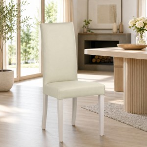 Vista ambientata Sedia imbottita in similpelle colore Effetto nabuk Beige con struttura e gambe in legno modello Denver Totò Piccinni