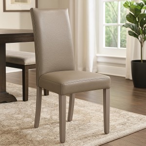 Vista abientata Sedia imbottita in similpelle colore Effetto Nabuk Tortora con struttura e gambe in legno modello Denver Totò Piccinni