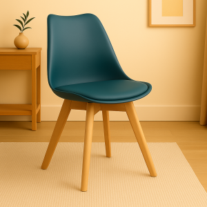 Vista ambientata Sedia in Polipropilene colore Petrolio con gambe in legno e cuscino modello Futura Totò Piccinni