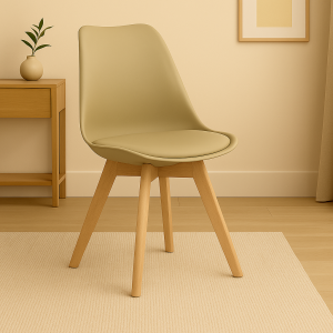 Vista ambientata Sedia in Polipropilene colore Sabbia con gambe in legno e cuscino modello Futura Totò Piccinni