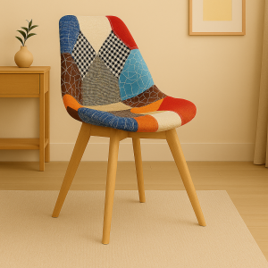 Vista ambientata Sedia in Tessuto colore Patchwork Party con gambe in legno modello Futura Totò Piccinni