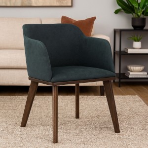 Vista ambientata Poltroncina in tessuto imbottita colore Nero con gambe in legno modello Tevere Totò Piccinni