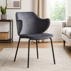 Vista ambientata Sedia in Velluto imbottita colore Grigio Scuro con gambe in metallo modello Medusa Totò Piccinni