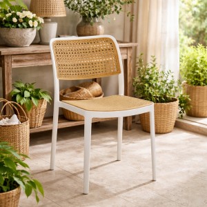 Vista ambientata Sedia in polipropilene colore "bianco" con seduta e chienale effetto pagli adi vienna sedia impilabile modello Vienna Totò Piccinni