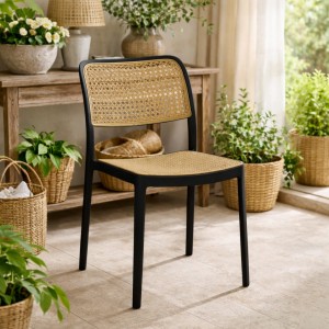 Vista ambientata Sedia in polipropilene colore "antracite" con seduta e chienale effetto pagli adi vienna sedia impilabile modello Vienna Totò Piccinni