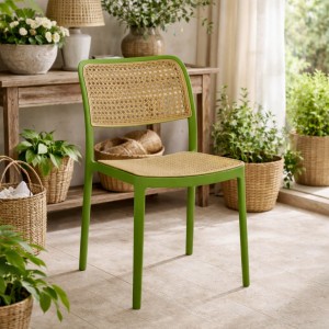 Vista ambientata Sedia in polipropilene colore "verde oliva" con seduta e chienale effetto pagli adi vienna sedia impilabile modello Vienna Totò Piccinni