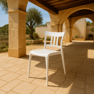 Vista ambientata Sedia in Polipropilene colore Bianco design moderno ed impilabile modello Silvy Totò Piccinni