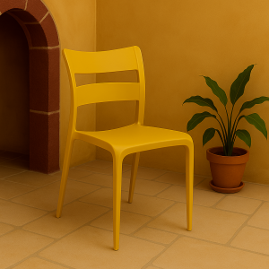 Vista ambientata interno Sedia in Polipropilene colore Giallo Senape design moderno ed impilabile modello Onda Totò Piccinni
