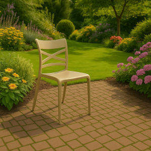 Vista ambientata Sedia da esterno in polipropilene in fibra di vetro colore Sabbia modello Scotland Totò Piccinni