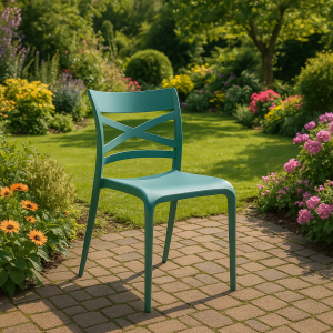 Vista ambientata Sedia da esterno in polipropilene in fibra di vetro colore Verde Salvia modello Scotland Totò Piccinni