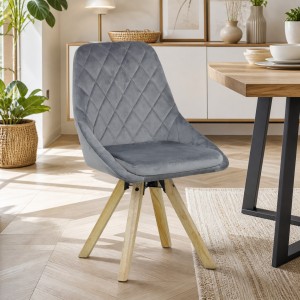Vista ambientata Sedia in Velluto colore Grigio girevole con gambe in legno modello Race Totò Piccinni