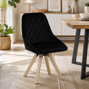Vista ambientata Sedia in Velluto colore Nero girevole con gambe in legno modello Race Totò Piccinni
