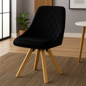 Vista ambientata Sedia in Velluto colore Nero girevole con gambe in legno modello Race Totò Piccinni