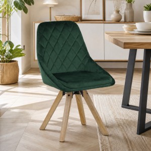 Vista ambientata Sedia in Velluto colore Verde girevole con gambe in legno modello Race Totò Piccinni