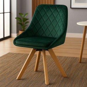 Vista ambientata Sedia in Velluto colore Verde girevole con gambe in legno modello Race Totò Piccinni