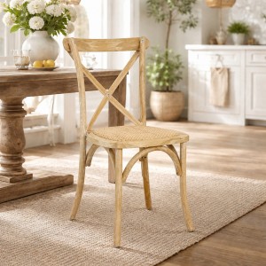 vista ambientata delle sedie in legno country Cross con seduta imbottita in Rattan