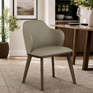 Vista ambientata Sedia moderna in similpelle imbottita colore Tortora con gambe in legno modello Brenta Totò Piccinni