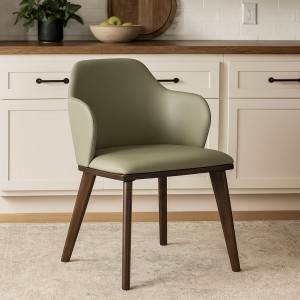 Vista ambientata Sedia moderna in similpelle imbottita colore Tortora con gambe in legno modello Brenta Totò Piccinni