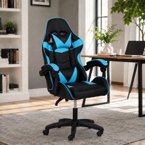 Vista ambientata Sedia gaming in Similpelle colore Azzurro girevole reclinabile ed ergonomica modello Gaming Totò Piccini